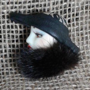 Vintage Mink  Black Fur Lady Porcelain  Face Brooch